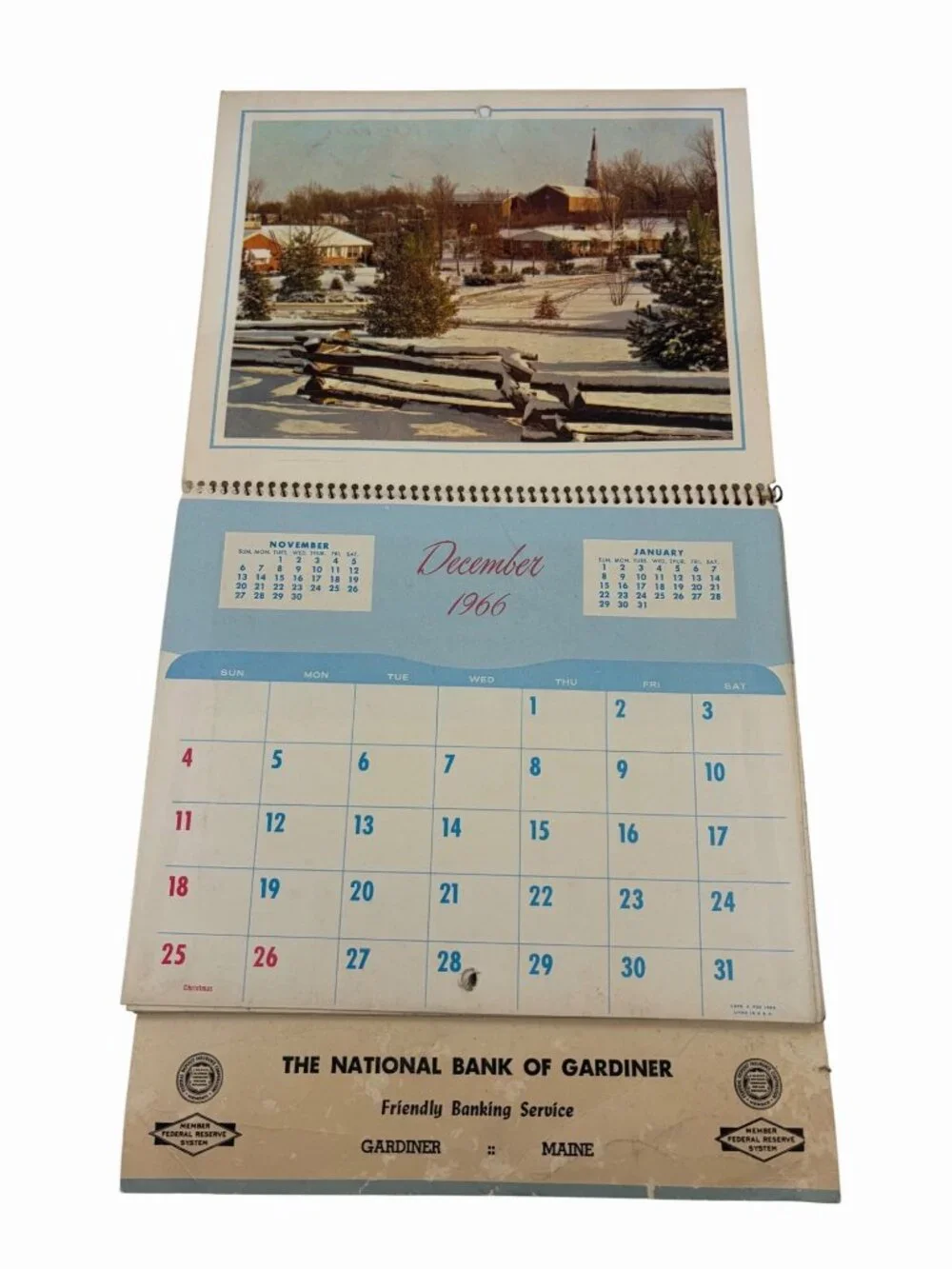 1966 National Bank Of Gardiner Maine Advertising Wall Calendar Scenic Art Decor